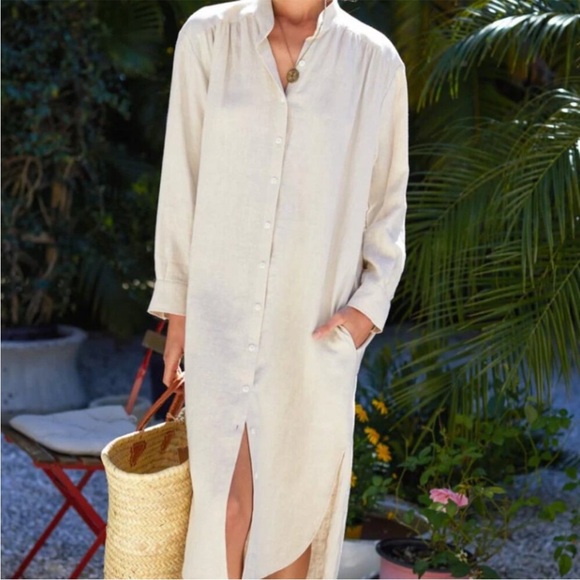 Emerson Fry Midi 100% Linen Shirtdress Button Down in Beige Almond XS $248 - Picture 3 of 11